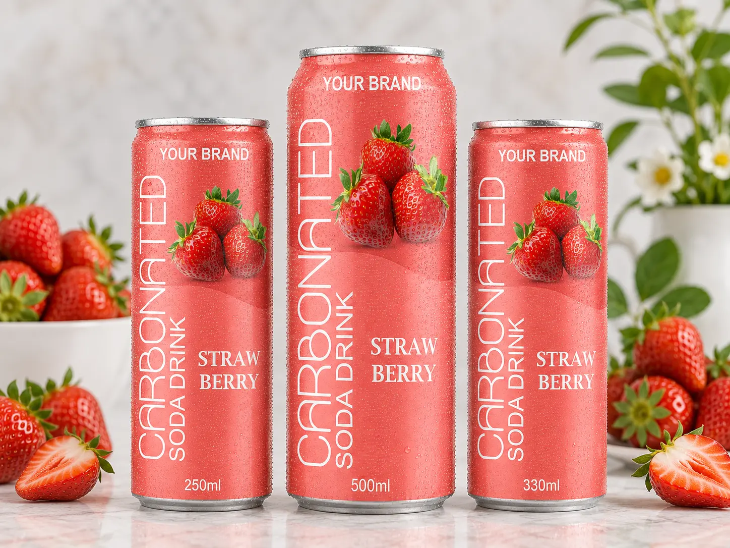 CARBONATED SODA DRINK Strawberry flavour in 250ml, 500ml and 330ml cans.